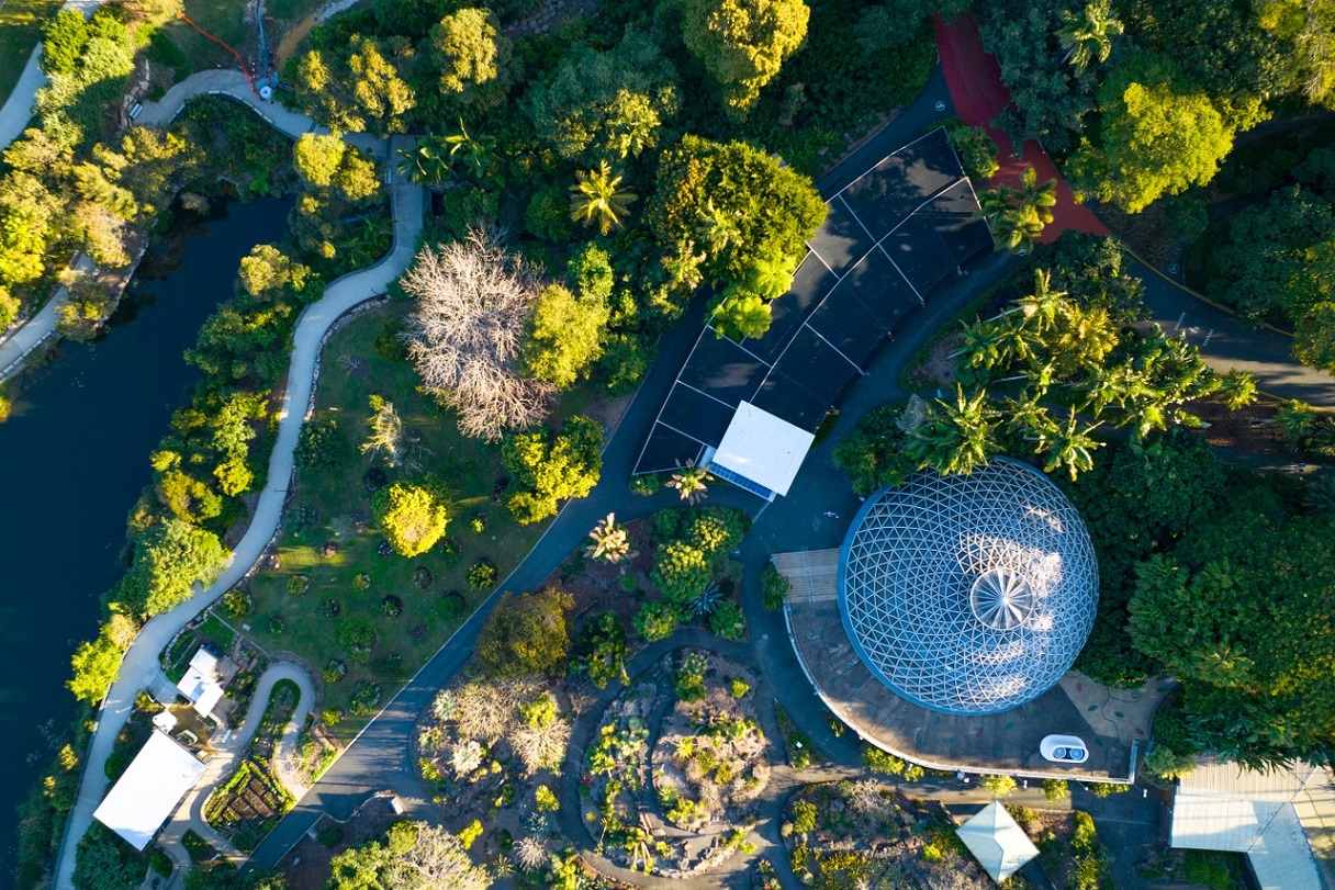 A top view of the Tropical Dome and gardens on Mount Coot-Tha.