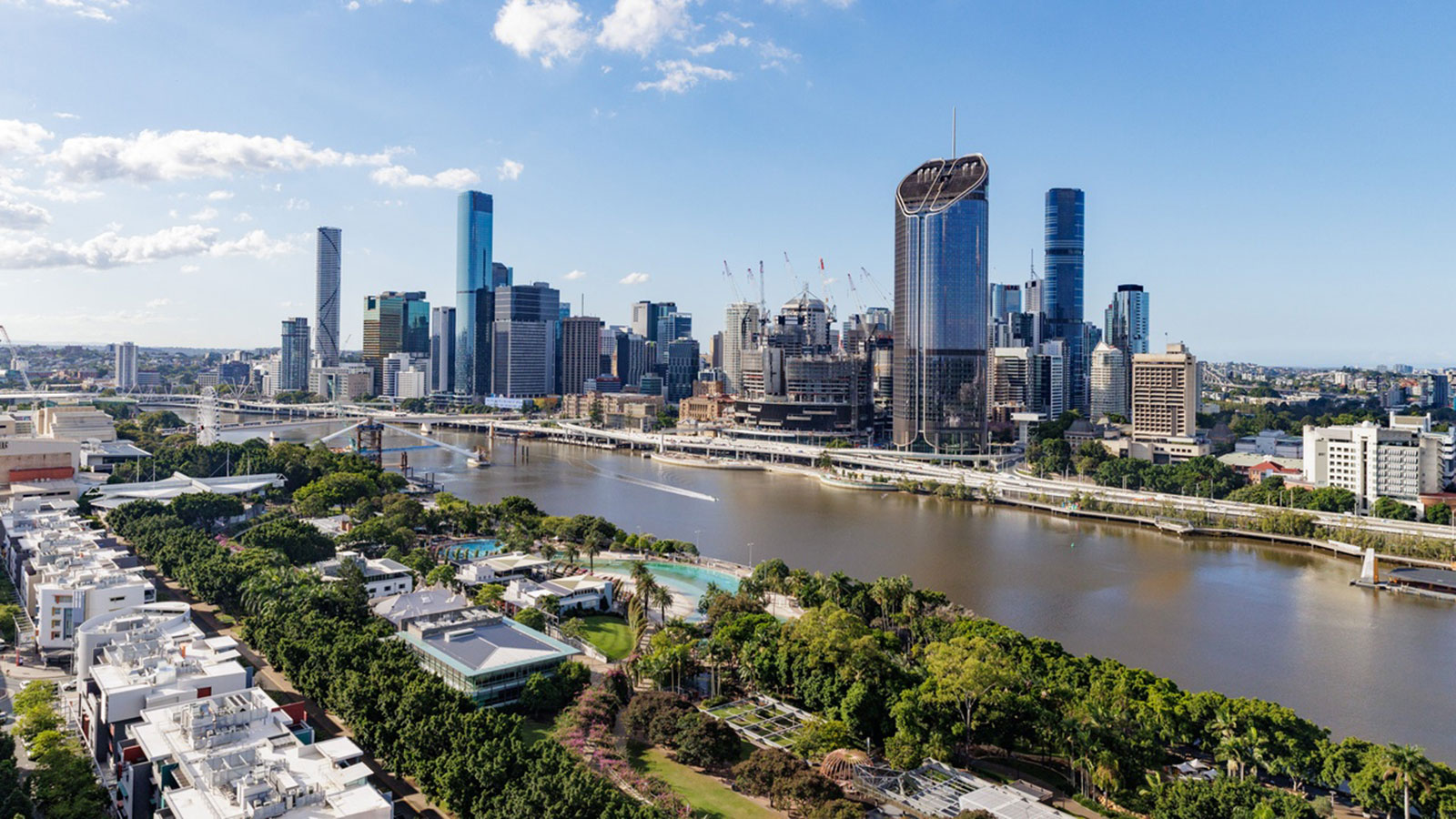 Aerial view over South Bank Parklands and Brisbane City