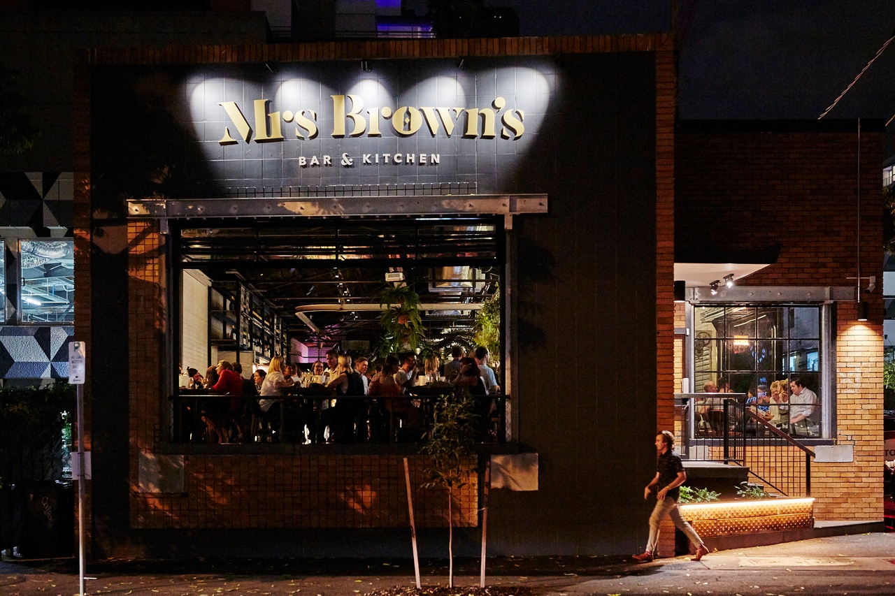 Mrs Brown's Bar & Kitchen exterior view at night at Newstead and Teneriffe.