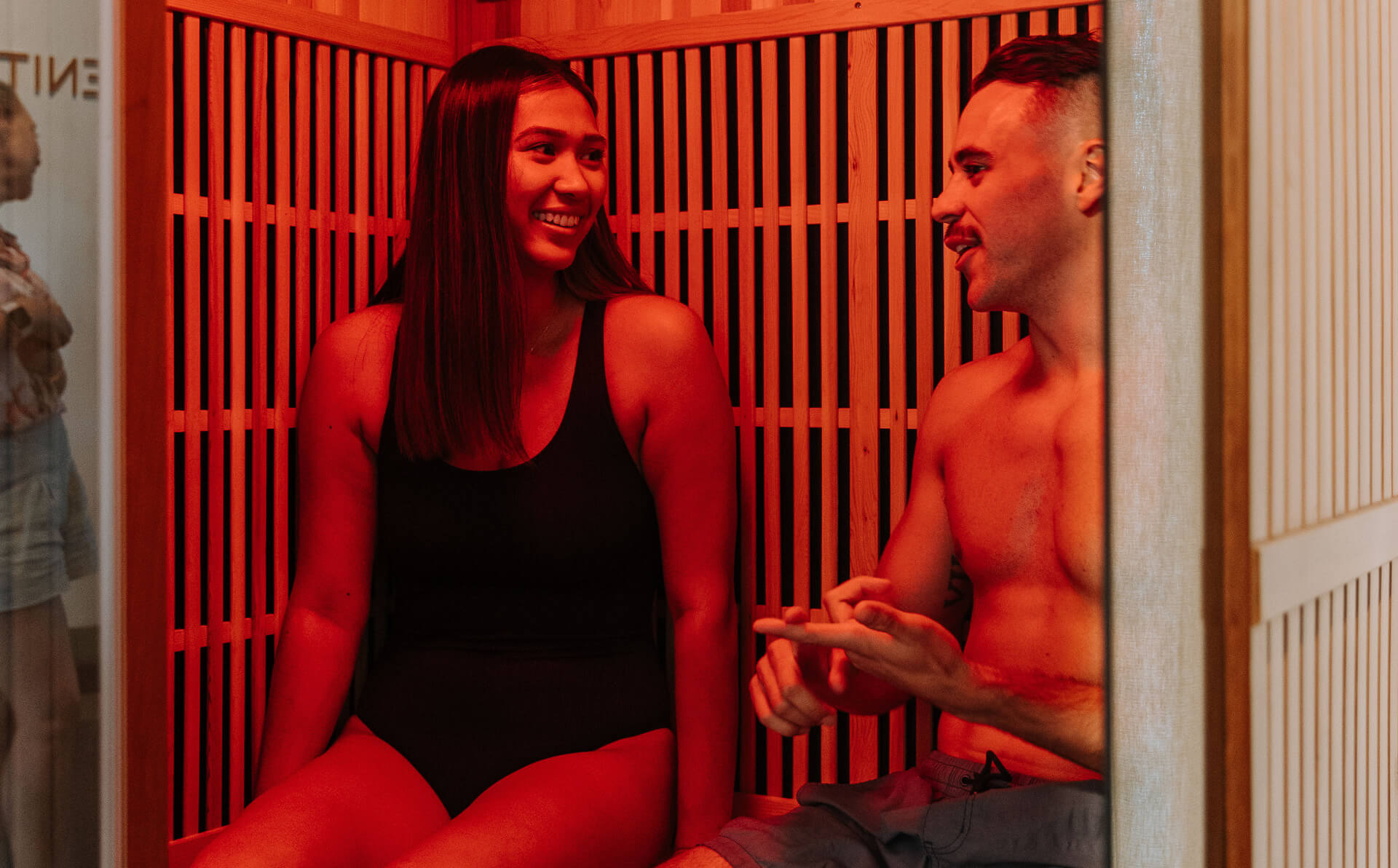 Couple in a sauna at Soak Bathhouse