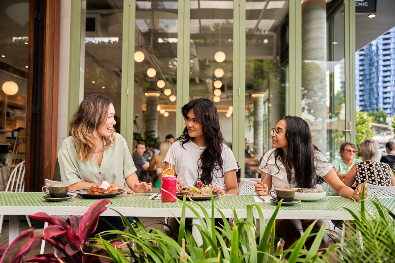 Brisbane_West End_West Village_Picnic_Cafe_Three women talking_Landscape_2023