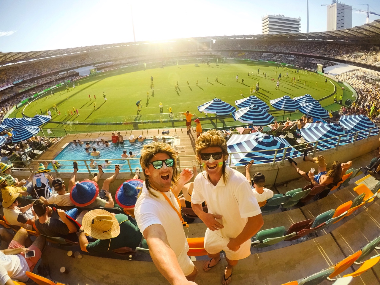Two men dressed up at a one day cricket match at the Gabba.