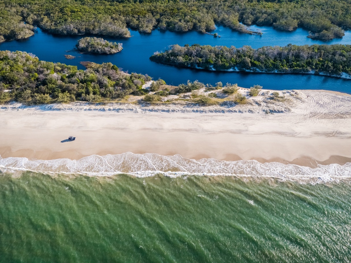 An aerial image of a 4wd experience with G'Day Adventure Tours on Bribie Island in Brisbane's Moreton Bay Region.