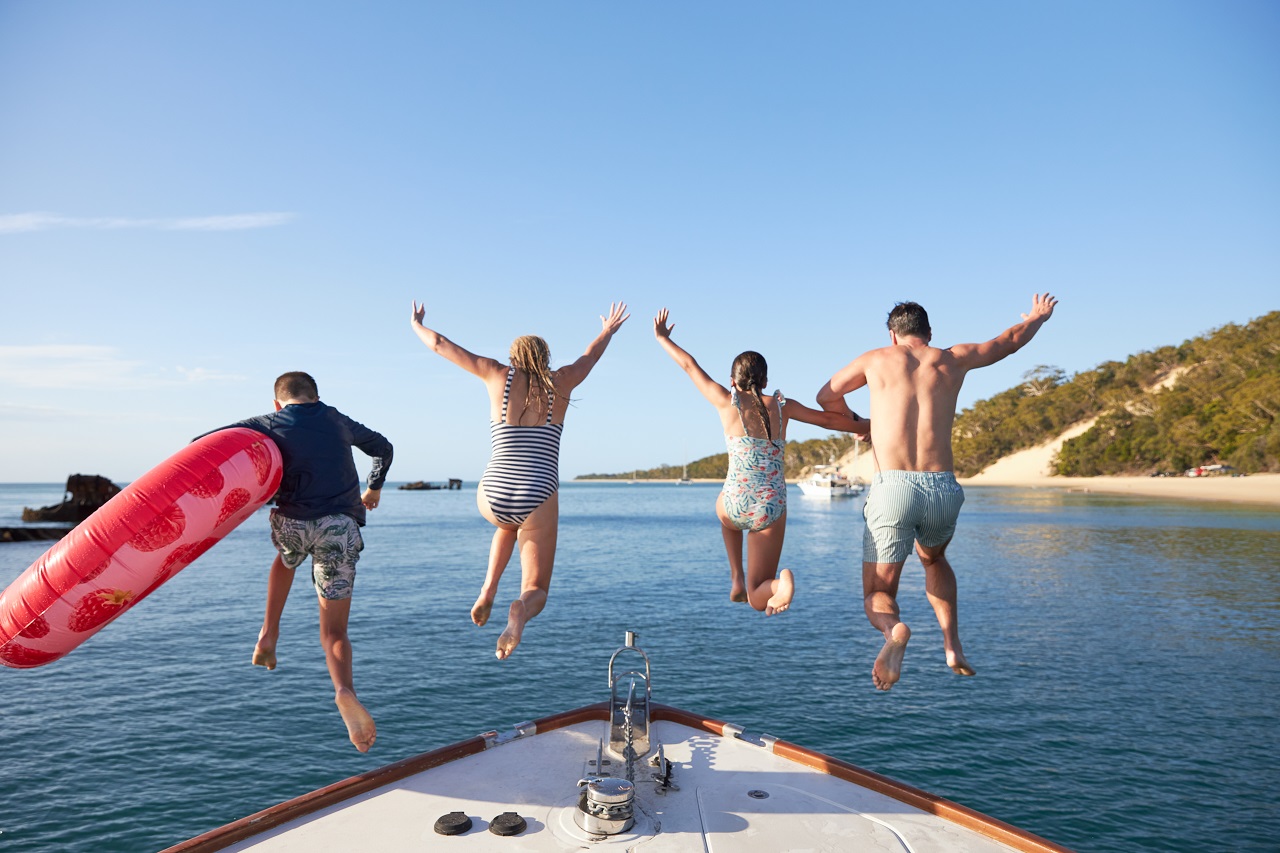 Moreton Island Boat Family Jumping Tangalooma Wrecks