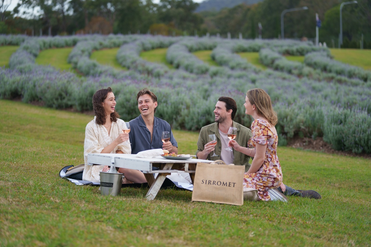An image of a group of four people having a picnic on the grass at Sirromet Winery.