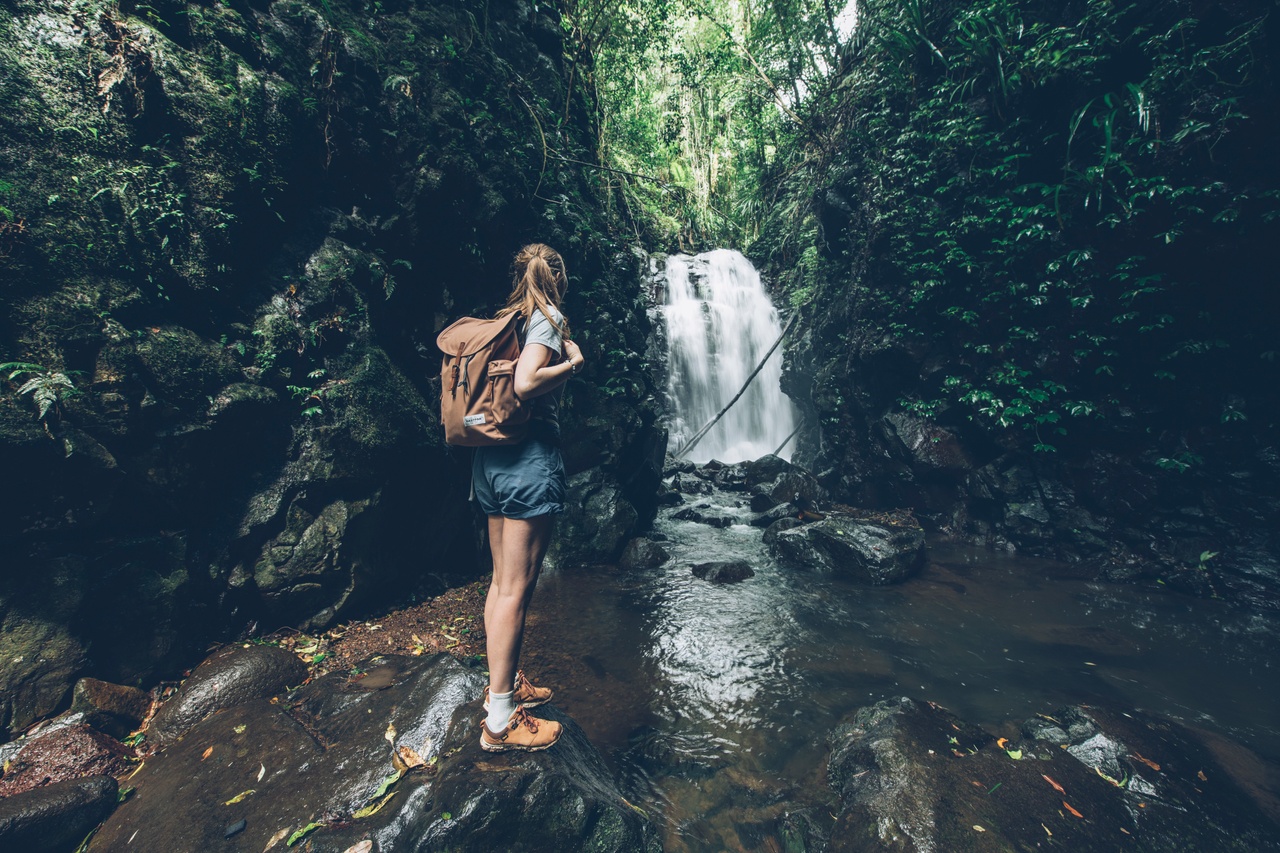 Shot of woman standing in front of waterfall, O'Reilly's Rainforest Retreat.