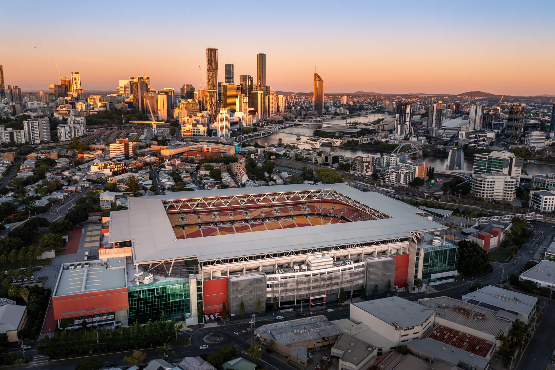 Aerial of Brisbane's Suncorp Stadium at sunset 